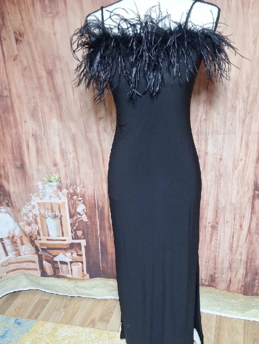 Black Feather Trim Prom Formal Gown - Picture 7 of 8